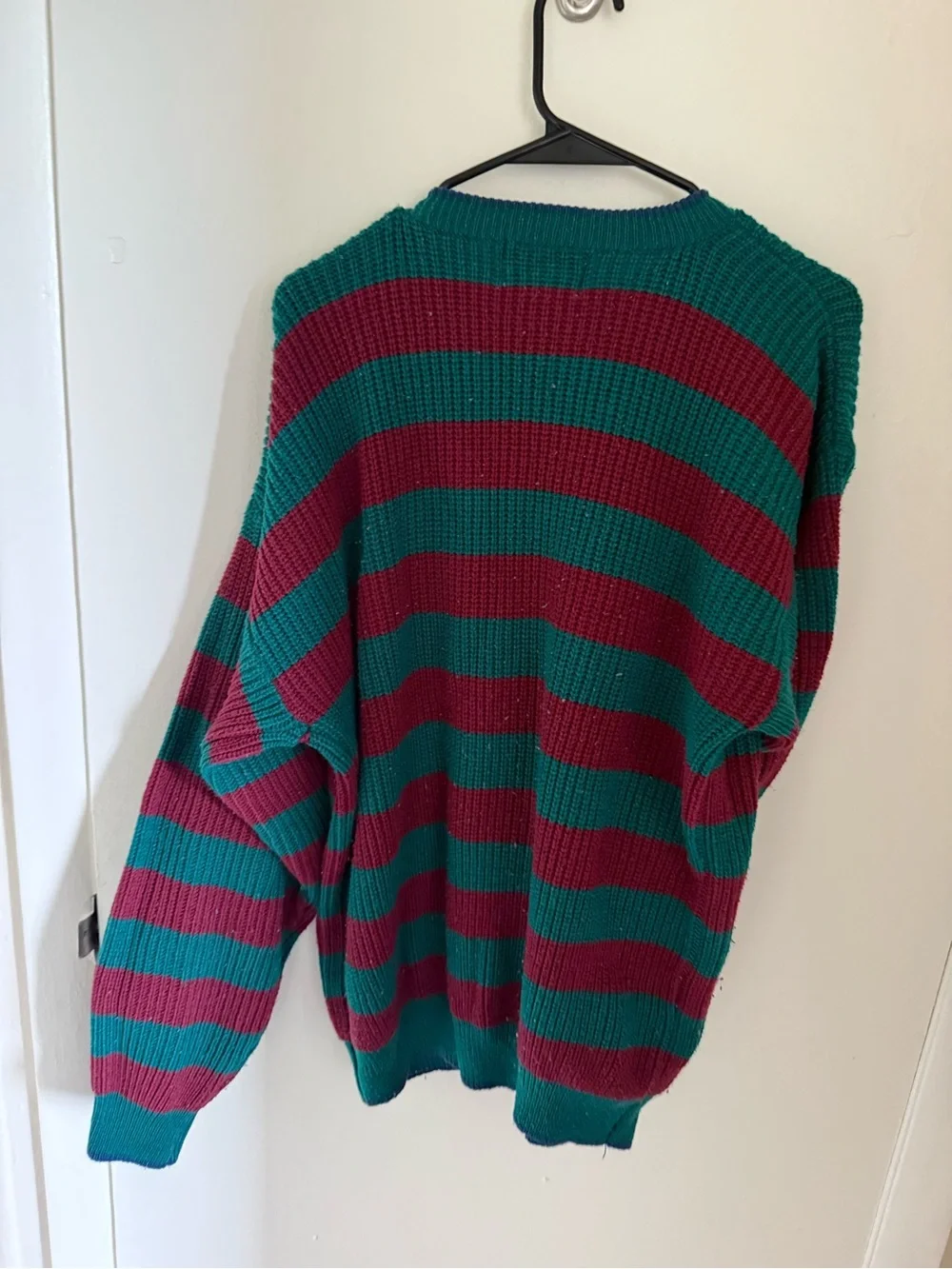 Vintage Men's Green and Burgundy Striped Knit Sweater